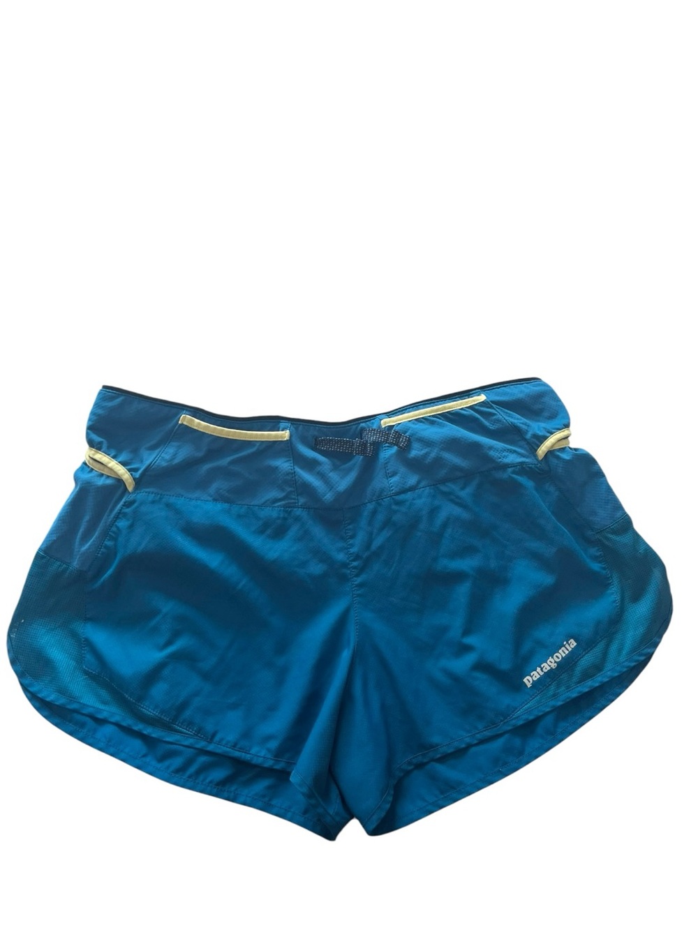 Patagonia Nine Trails Blue Shorts Contrasting Yellow Zip Pocket Small